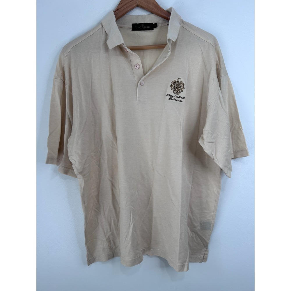 Bugatchi Uomo Mens‎ Beige Trump National Bedminster Golf Polo Shirt Sz L Preppy